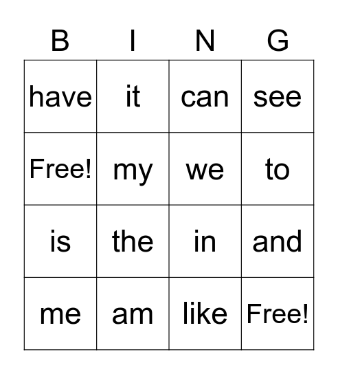 Sight Words 1 Bingo Card