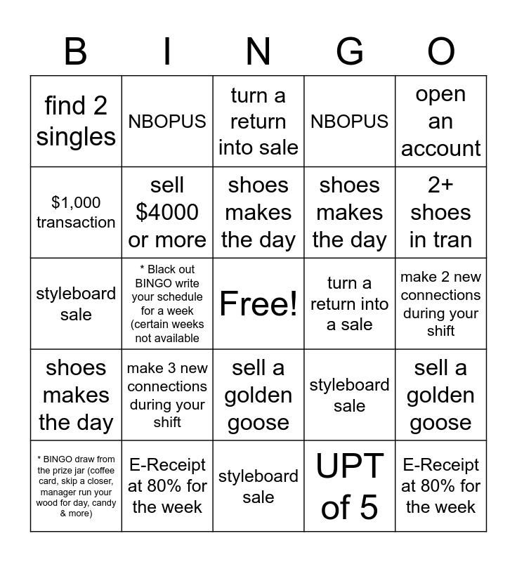 Shoes Bingo Card