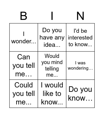 Indirect questions Bingo Card