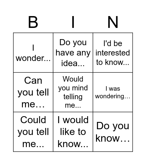 Indirect questions Bingo Card