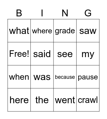 Words Bingo Card