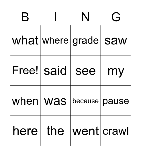 Words Bingo Card