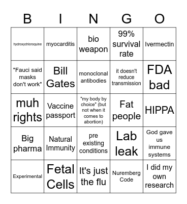 Anti Vax Bingo Card