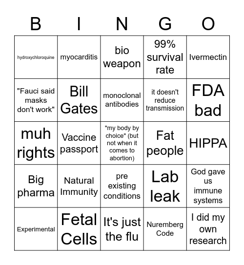 Anti Vax Bingo Card