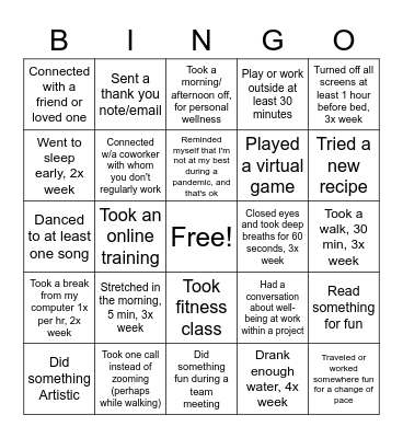 Butler Well-Being Bingo Card