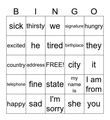 Feelings, Personal Info, & Grammar  Bingo Card