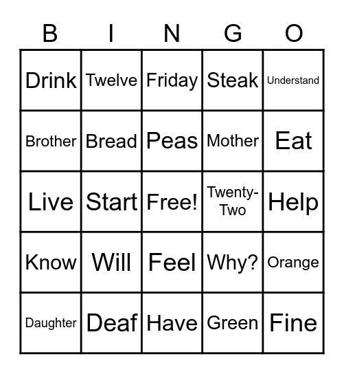ASL Bingo #1 Bingo Card
