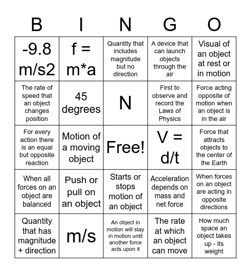 KP Physics Units 1-2 Review Bingo Card