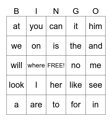 Grade 1 Sight Words Bingo Card