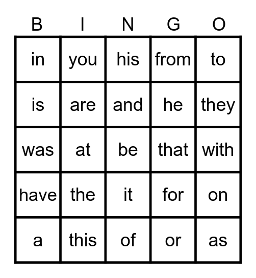 RH-MCW List 1 & 2 Bingo Card