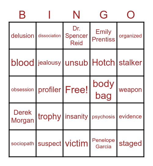 Criminal Minds Bingo Card