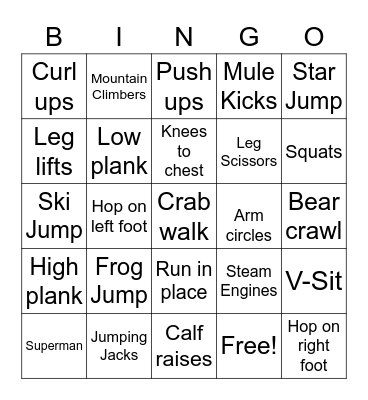 Elementary PE 5x 5 Bingo Card