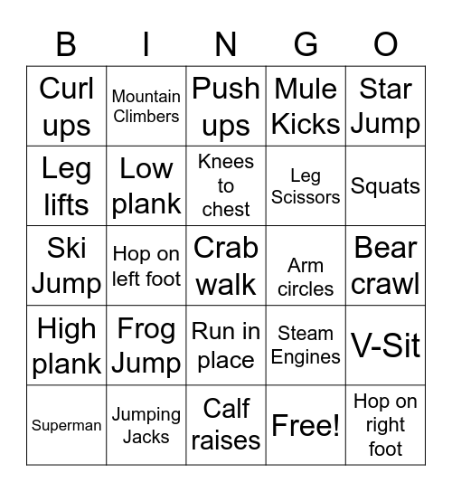 Elementary PE 5x 5 Bingo Card