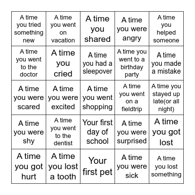 Personal Narrative Writing Prompts Bingo Card
