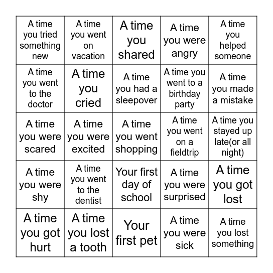 Personal Narrative Writing Prompts Bingo Card