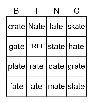 -ate Word Family Bingo Card