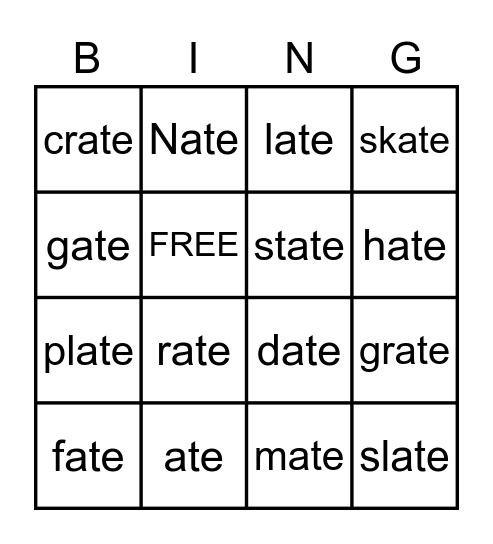 -ate Word Family Bingo Card
