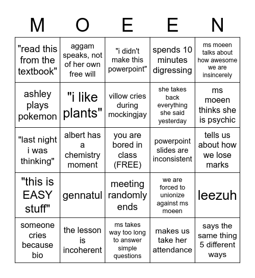 Bio Bingo Card