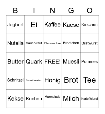 German Food Bingo Card