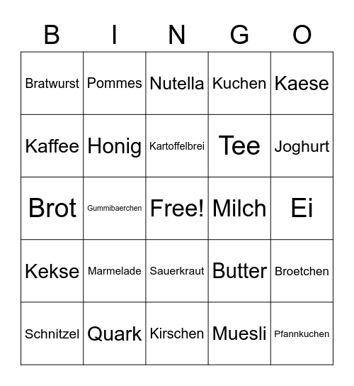 German Food Bingo Card