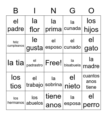 spanish Bingo Card