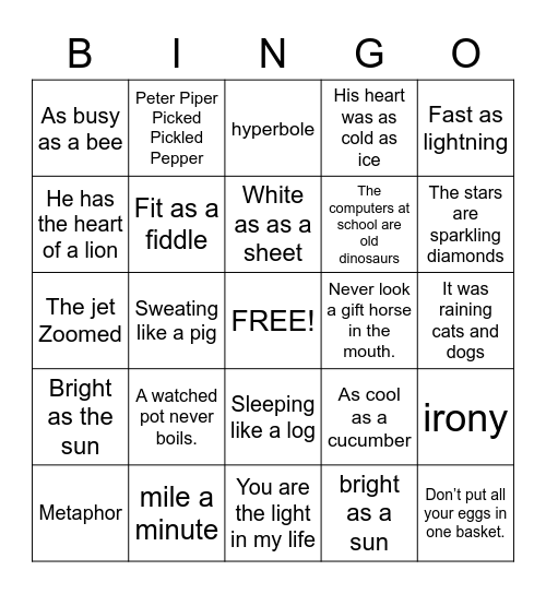 Figurative Language Bingo Card