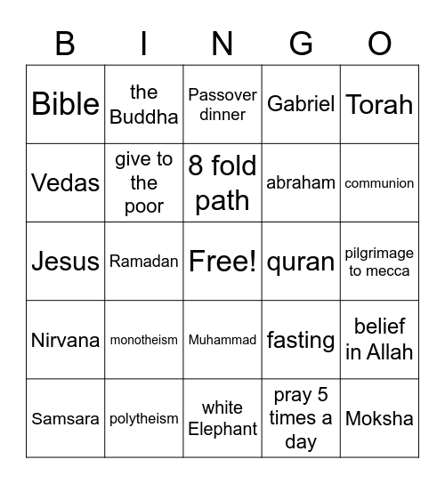 World Religion Bingo Card