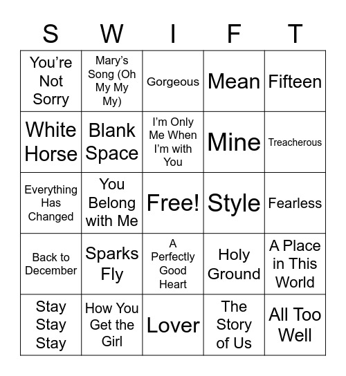 Taylor Swift Bingo Card