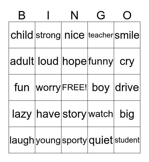 Vocabulary Bingo Card