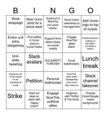 NowThis Union Bingo Card