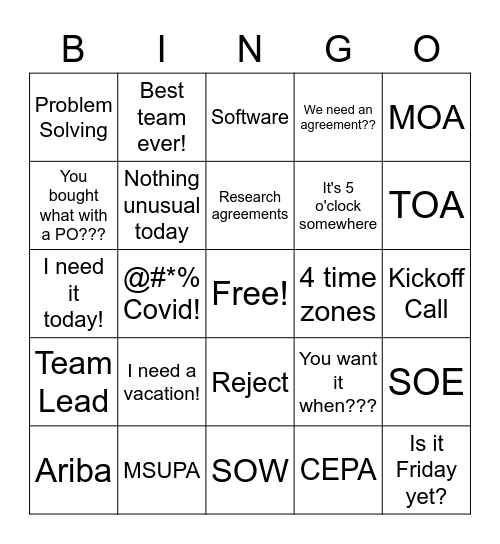 Work Bingo Card