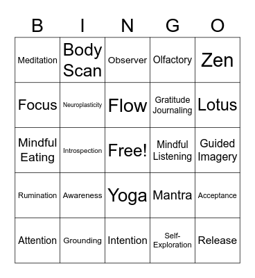 Mindfulness Bingo Card