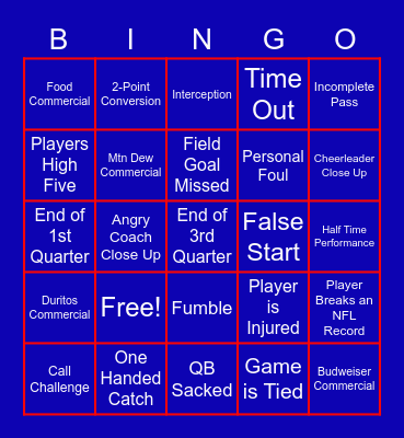 Super Bowl LVI Bingo Card