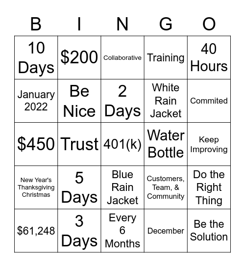 MOXIE Bingo Card