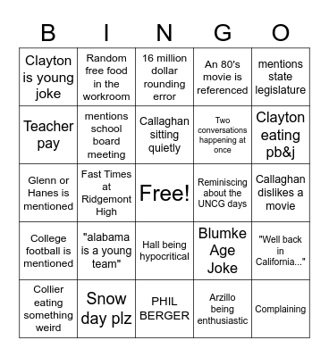 Social Studies Lunch Period Bingo Card