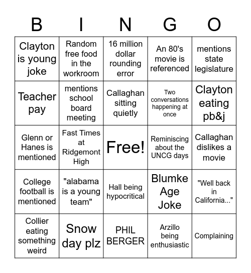 Social Studies Lunch Period Bingo Card