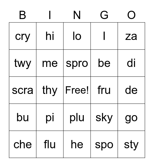 Open Syllable Bingo Card