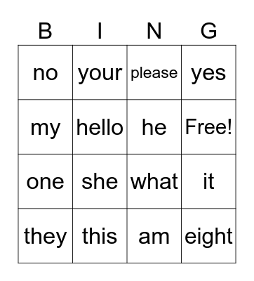 sight words Bingo Card