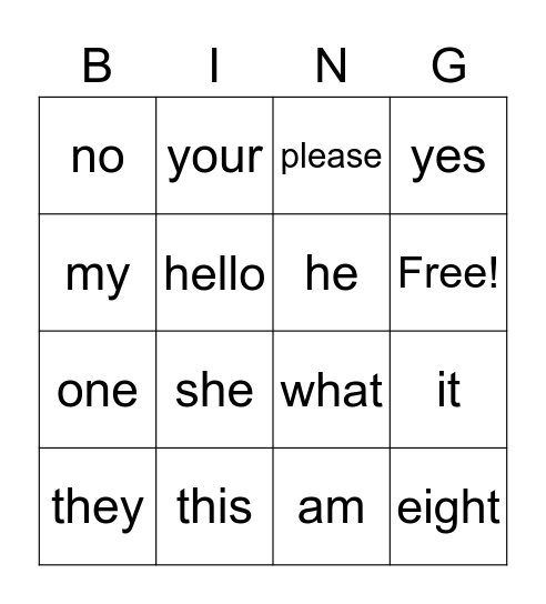 sight words Bingo Card