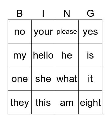 sight words Bingo Card