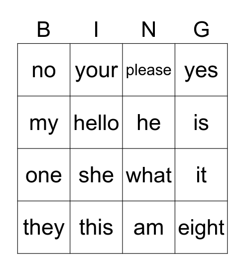 sight words Bingo Card