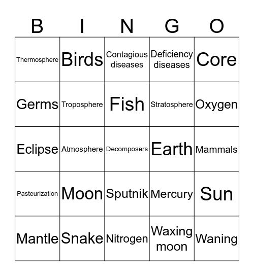 Primary Science Bingo Card