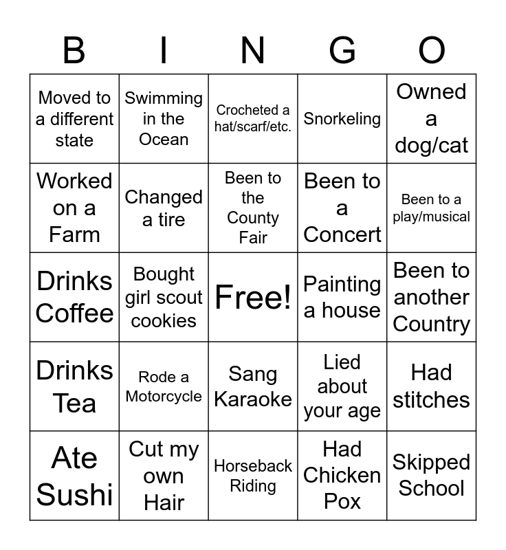 Things I've Done Bingo Card