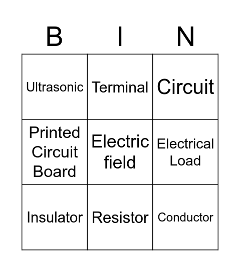 Electricity Common Words Bingo Card