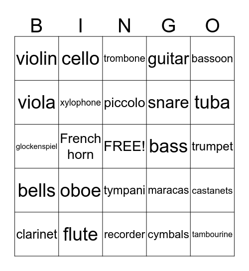 MUSICAL INSTRUMENT BINGO Card