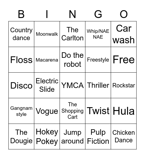 Dance Moves Bingo Card