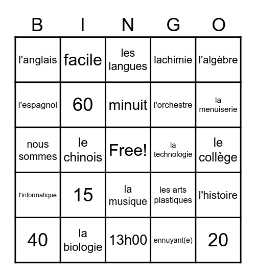 Les matières/nombres/l'heure/être Bingo Card