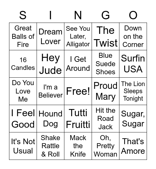 50's - 60's Singo Bingo Card