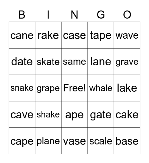 a-e Bingo Card