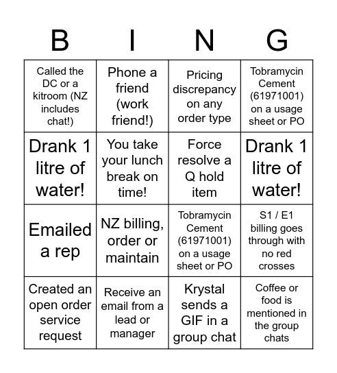 Transactions Bingo Card